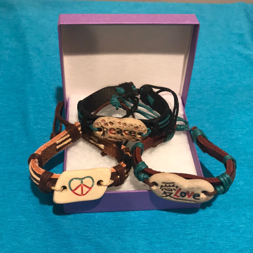 Bracelet, Peace,Love and Peace sign, sold pkg of 3